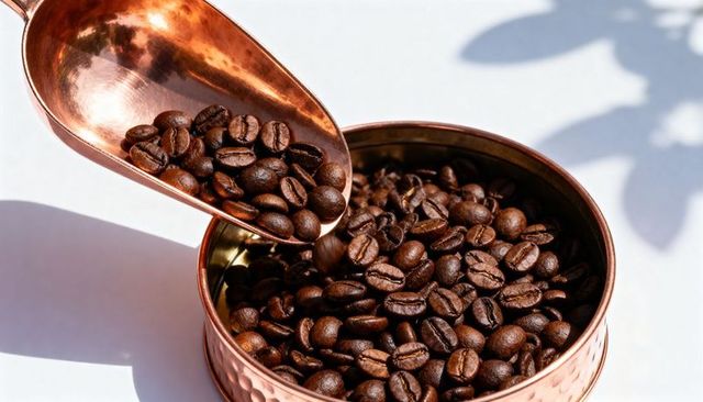 Copper scoop pouring dark roasted coffee beans into hammered tin with leaf shadow