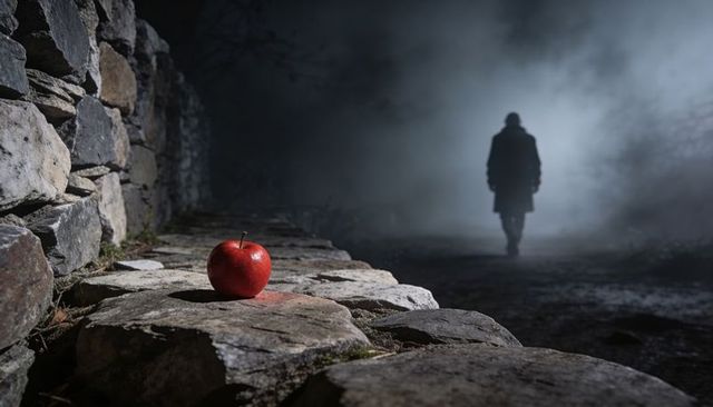Red apple resting on stone path at night with moody silhouetted figure walking into fog