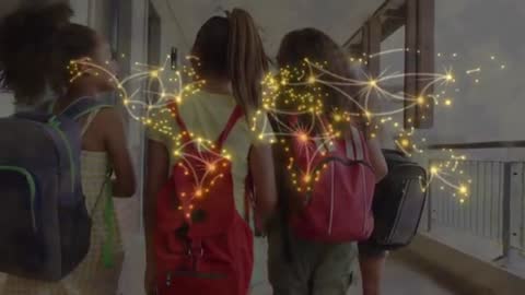 Students Walking with World Map and Sparkling Connections