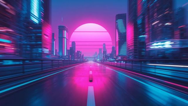 Futuristic Cyberpunk Roadway Leading to Pink Oasis in Neon Cityscape