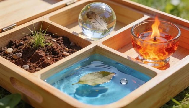 Four-element wooden tray displaying earth water fire air symbols with glass orb