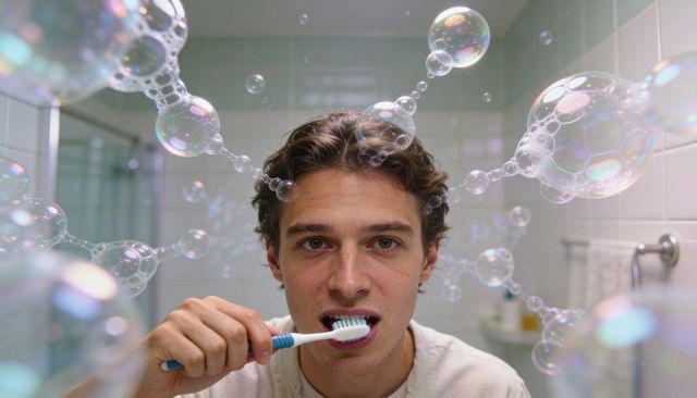 Young man brushing teeth at bathroom mirror surrounded by iridescent soap bubbles