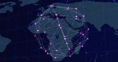 Neon purple global network connecting africa with geodesic nodes, user icons, map markers