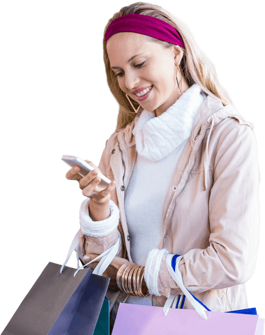 Transparent Smiling Woman Shopping Bags Smartphone