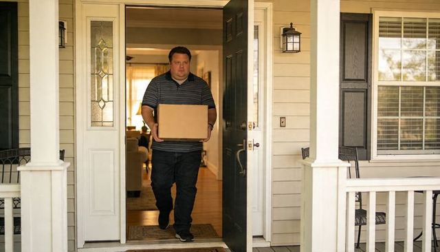 Middle-aged man carrying cardboard box stepping onto suburban porch moving day