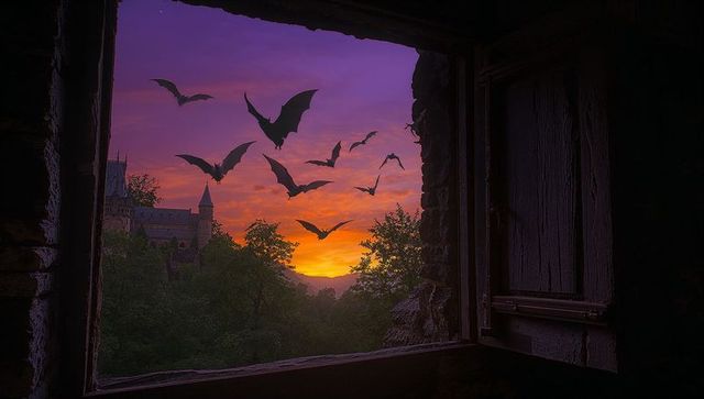 Silhouetted bats at dusk with enchanting castle backdrop