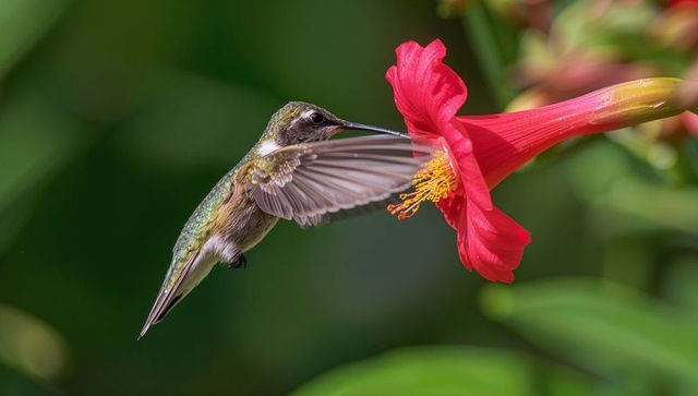 Hummingbird in garden feeding on vibrant red flower