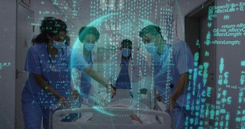 Clinical team pushing hospital gurney beneath holographic globe of medical data and code