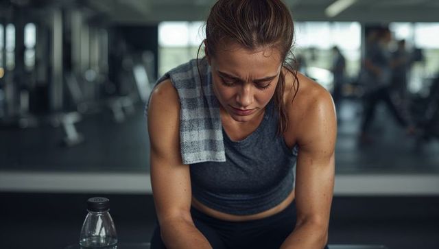 Dedicated female athlete resting after intense gym workout