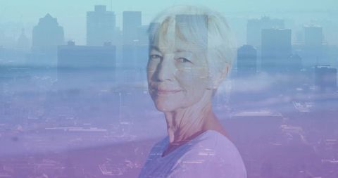 Serene mature woman with pastel city skyline double exposure, contemplative urban portrait