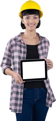 Transparent background woman in hard hat displaying tablet