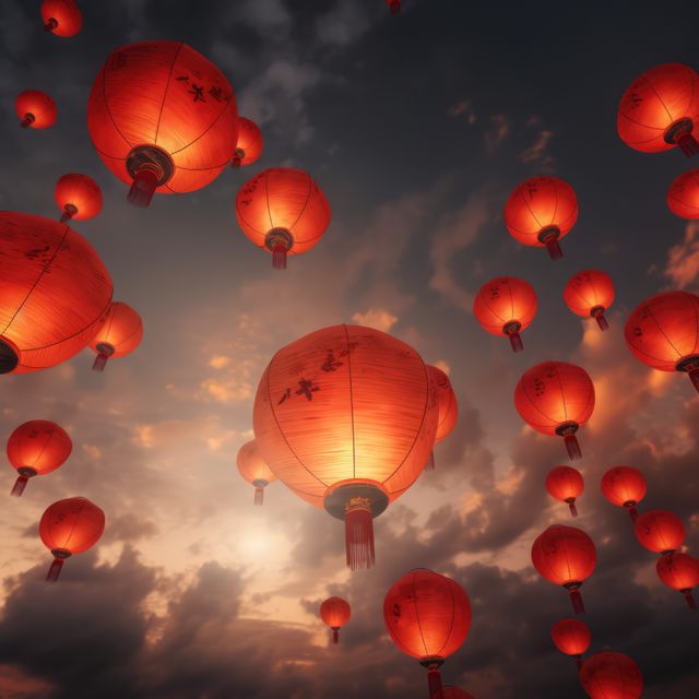 Image showcases numerous glowing Chinese lanterns floating against a dramatic sunset sky. Ideal for depicting traditional festival celebrations, cultural events, and peaceful, scenic settings. Perfect for use in cultural articles, festival promotions, and travel blogs highlighting Asian traditions.