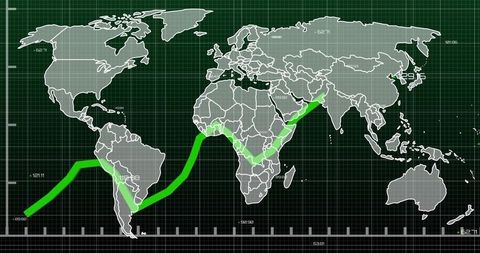Neon green market trend line traveling across world map updating global finance dashboard