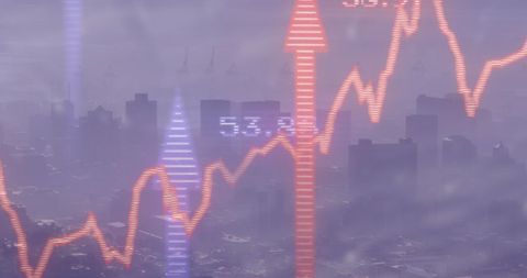 Abstract Digital Data Graphs Over Foggy Urban Cityscape