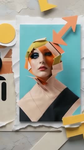 Vertical panning on mixed-media portrait with orange arrows and yellow circles collage