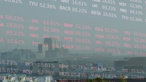 Financial Data and Graphs Overlooking Cityscape