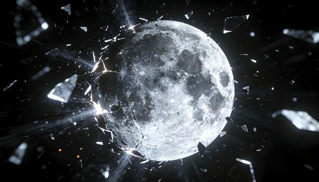 Lunar sphere shattering into glass shards with radiant space flares