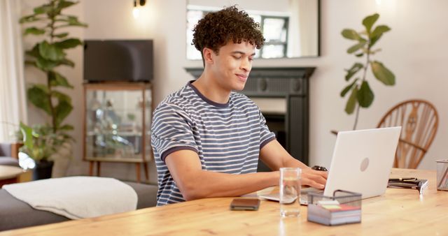 Smiling Man Working From Home On Laptop In Cozy Living Room - Download Free Stock Images Pikwizard.com