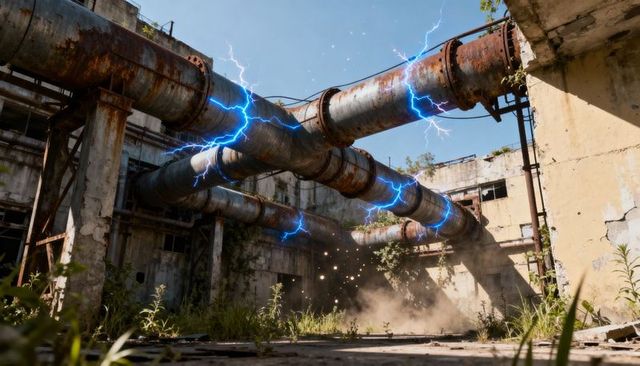 Corroded x-shaped pipelines sparking blue arcs over overgrown abandoned factory courtyard