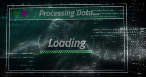 Processing data loading with glitch cyber interface, binary overlay and progress bar
