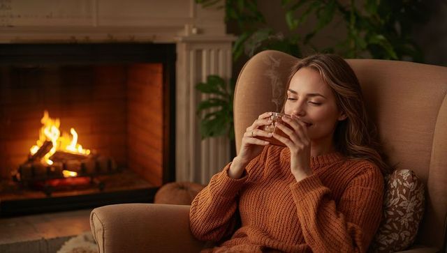Woman sipping hot tea in armchair by fireplace wearing rust sweater cozy hygge moment