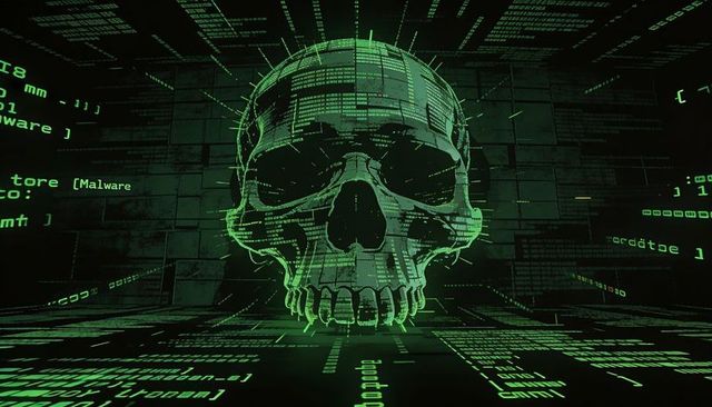 Neon green digital skull floating over matrix grid streaming malware code cyber threat