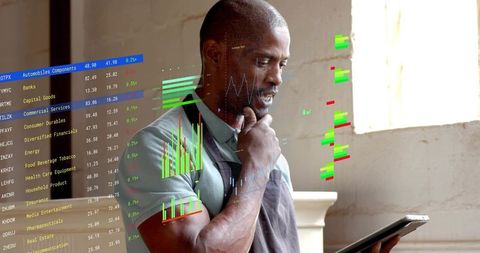 Small Business Owner Analyzing Sales Data on Tablet with Augmented Reality Charts