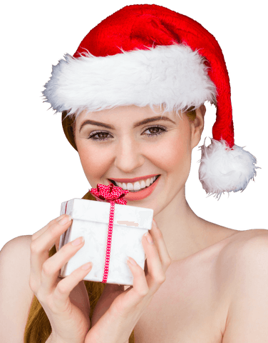 Happy Woman in Santa Hat Holding Christmas Gift Box Transparent
