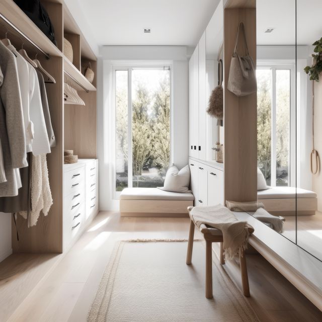 This minimalist walk-in closet features ample natural light due to floor-to-ceiling windows. It exhibits modern Scandinavian design with wooden furniture, organized storage, and a cozy bench. Ideal for articles on interior design, home organization tips, minimalist lifestyle inspiration, or real estate presentations.