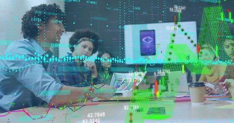 Corporate Team Collaborating with Digital Graph Overlays