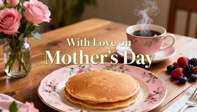 Mother's day breakfast with pancakes, roses and steaming coffee on vintage floral china