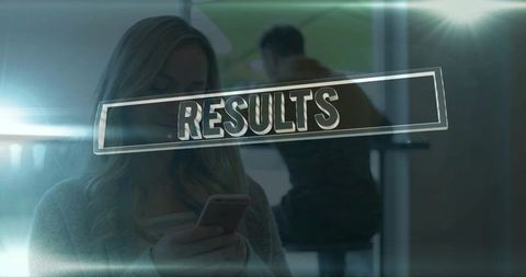 Woman Checking Smartphone in Cafe with RESULTS Graphic Overlay and Lens Flare