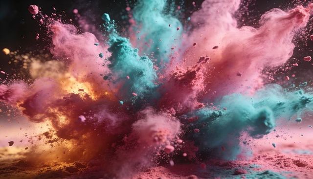 Exploding Teal Pink Powder Burst with Magenta Orange Glow and Flying Pigment Fragments