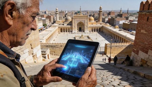 Middle eastern senior using tablet with holographic interface at historic mosque courtyard