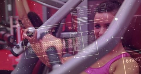 Female performing chest-press with augmented reality training hud overlay in modern gym