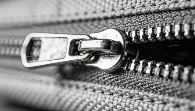 Metal zipper slider glinting on woven tape macro detail showing teeth and pull tab