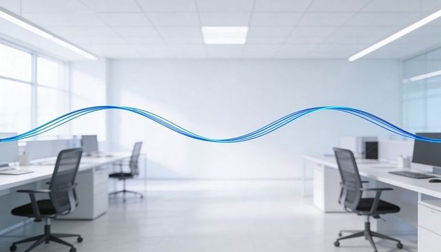 Blue wave flowing through minimal open office interior conveying modern tech calm