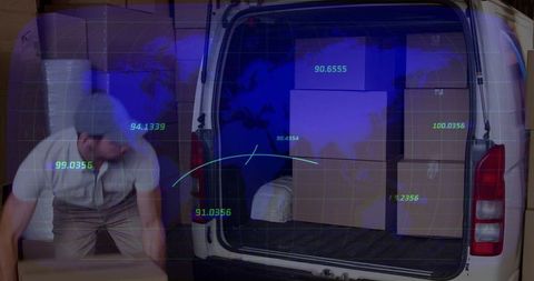 Logistics Worker Loading Van with Digital Data Overlay