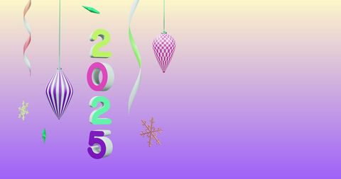 Colorful 2025 and Festive Decorations on Purple Background