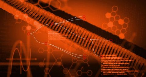 Digital DNA Strand with Data Elements on Orange Background