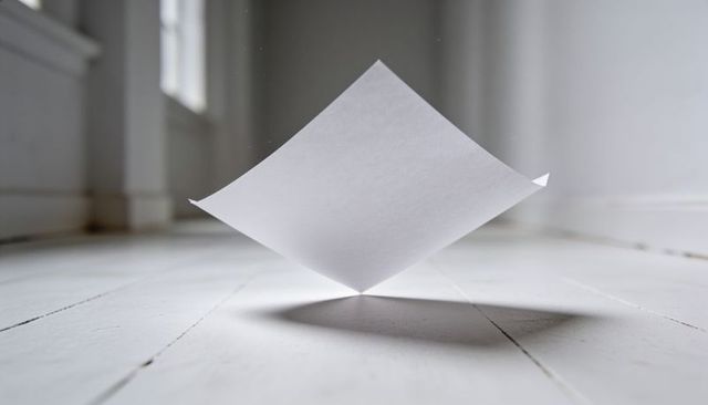 Floating paper casting sharp shadow on white wood floor, minimalist interior concept
