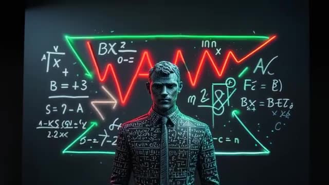 Man in Formula Suit with Neon Math Visuals Behind Him