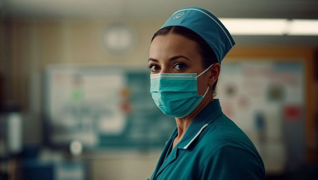 Nurse in teal scrubs with mask at healthcare facility