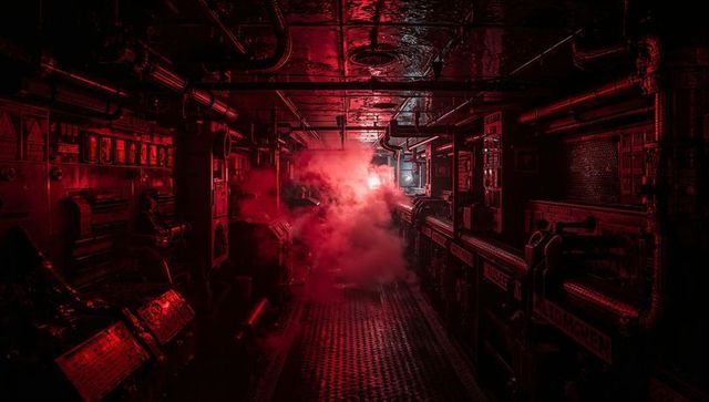 Red-lit Engine Corridor Emitting Dense Smoke Plume, Industrial Pipes, Metal Walkway