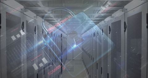 Digital Padlock Hologram Over Data Center Servers Symbolizing Cybersecurity