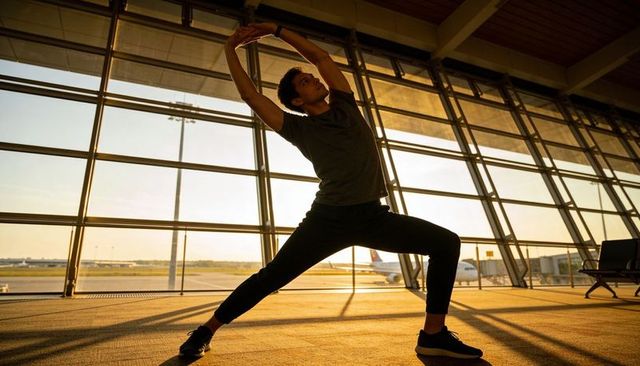 Traveler stretching at airport gate during golden hour with runway and glass architecture