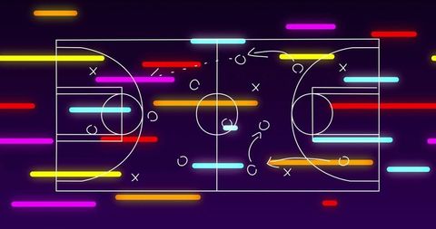 Neon basketball playbook showing court diagram with x and o tactics and glowing streaks