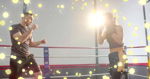 Boxing sparring session with coach and female fighter training in gym ring with lensflare