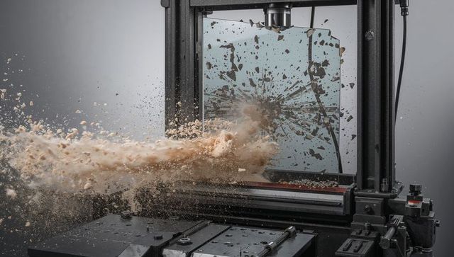 Industrial impact test shattering glass panel ejecting radial shards and beige dust
