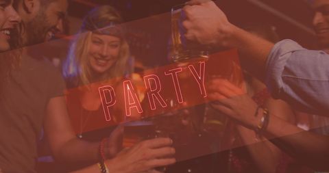 Friends Toasting Concept at Vibrant Neon Party in Bar